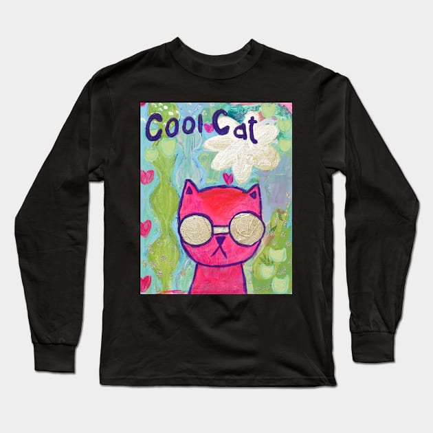 Cool Cat painting mixed media Long Sleeve T-Shirt by allysci